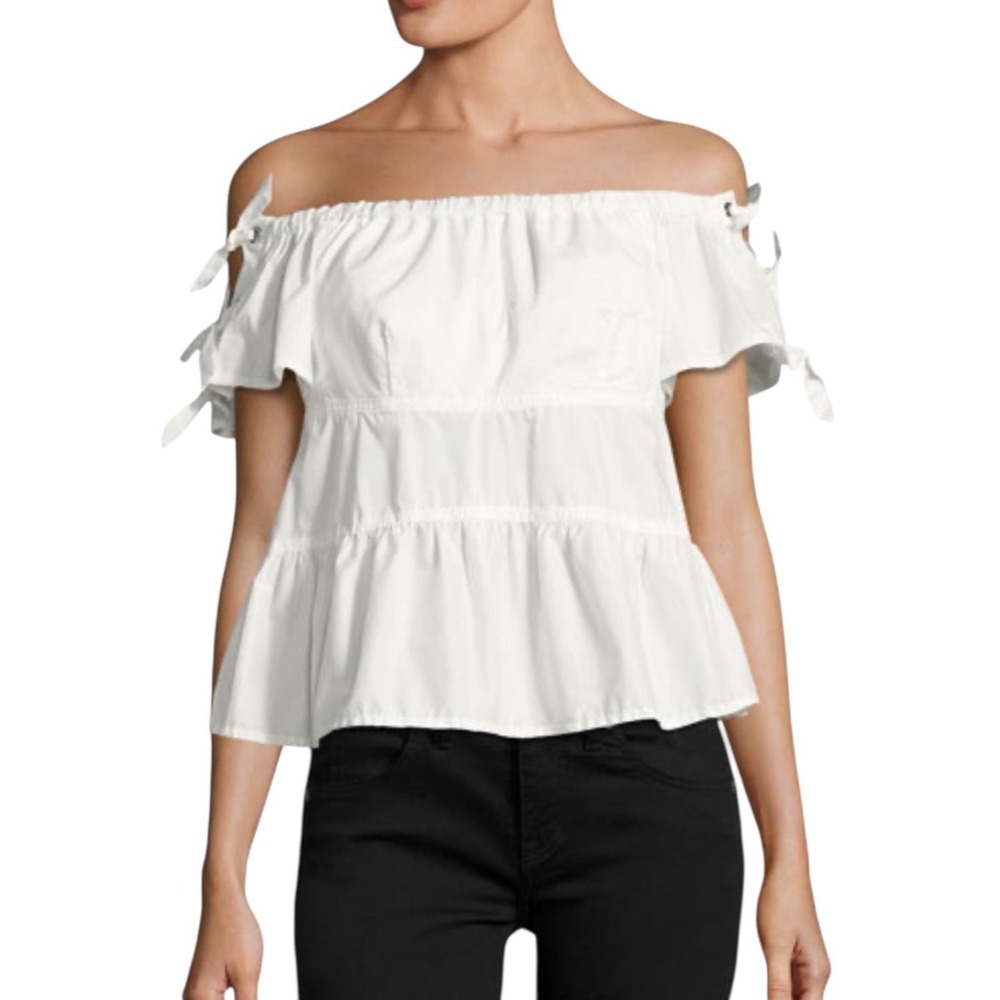 Rebecca Taylor Blouse Womens 12 White Off Shoulder Puff Sleeve Bow Ruffle Strap